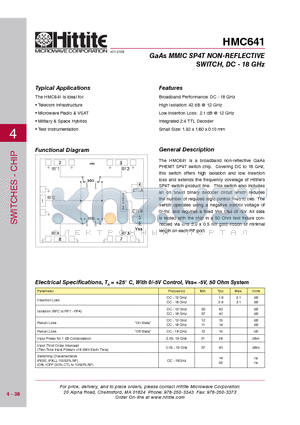 HMC641 datasheet - GaAs MMIC SP4T NON-REFLECTIVE SWITCH, DC - 18 GHz