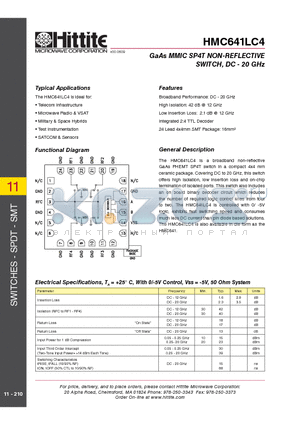 HMC641LC4 datasheet - GaAs MMIC SP4T NON-REFLECTIVE SWITCH, DC - 20 GHz