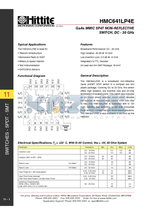 HMC641LP4E datasheet - GaAs MMIC SP4T NON-REFLECTIVE SWITCH, DC - 20 GHz