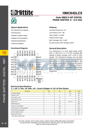 HMC642LC5 datasheet - GaAs MMIC 6-BIT DIGITAL PHASE SHIFTER, 9 - 12.5 GHz