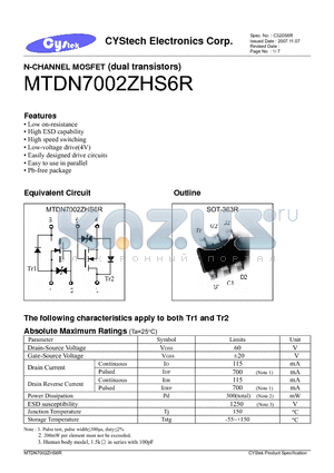 MTDN7002ZHS6R datasheet - N-CHANNEL MOSFET (dual transistors)