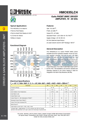 HMC635LC4 datasheet - GaAs PHEMT MMIC DRIVER AMPLIFIER, 18 - 40 GHz