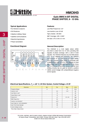 HMC643 datasheet - GaAs MMIC 6-BIT DIGITAL PHASE SHIFTER, 9 - 12 GHz