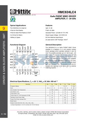 HMC634LC4_09 datasheet - GaAs PHEMT MMIC DRIVER AMPLIFIER, 5 - 20 GHz