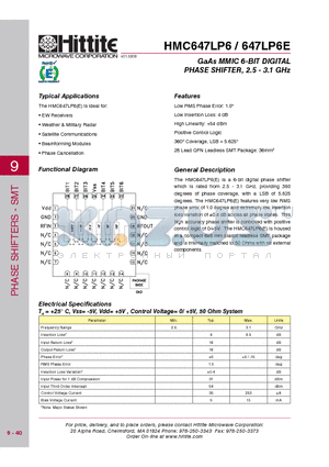 HMC647LP6 datasheet - GaAs MMIC 6-BIT DIGITAL PHASE SHIFTER, 2.5 - 3.1 GHz