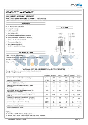 ED602CT datasheet - SUPER FAST RECOVERY RECTIFIER(VOLTAGE - 200 to 600 Volts CURRENT - 6.0 Amperes)