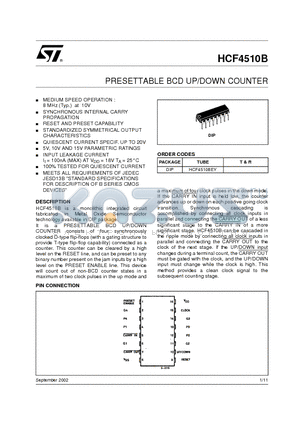 HCF4510BEY datasheet - PRESETTABLE BCD UP/DOWN COUNTER