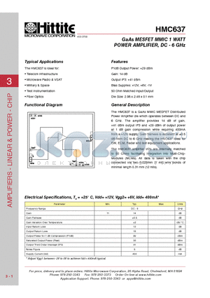 HMC637 datasheet - GaAs MESFET MMIC 1 WATT POWER AMPLIFIER, DC - 6 GHz