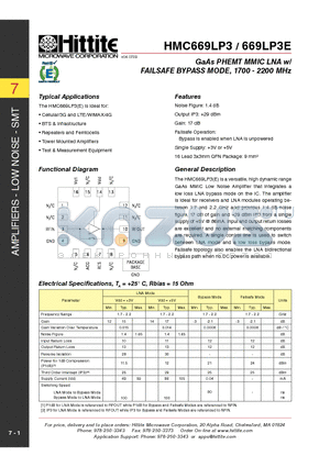 HMC669LP3 datasheet - GaAs PHEMT MMIC LNA w/ FAILSAFE BYPASS MODE, 1700 - 2200 MHz