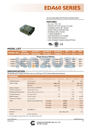 EDA60-05 datasheet - AC - DC ENCLOSED SWITCHING POWER SUPPLY