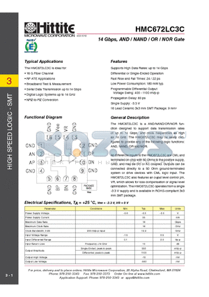 HMC672LC3C datasheet - 14 Gbps, AND / NAND / OR / NOR Gate