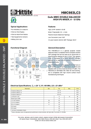 HMC663LC3 datasheet - GaAs MMIC DOUBLE-BALANCED HIGH IP3 MIXER, 6 - 12 GHz