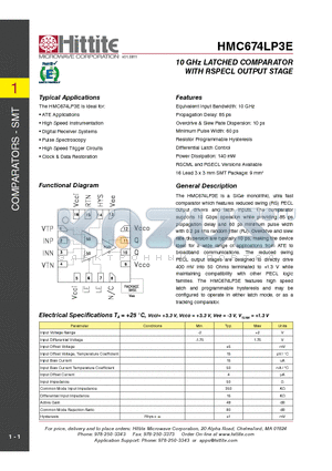 HMC674LP3E datasheet - 10 GHz LATCHED COMPARATOR WITH RSPECL OUTPUT STAGE