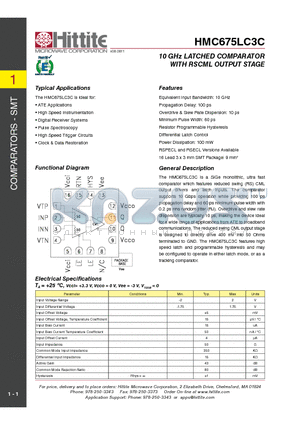 HMC675LC3C datasheet - 10 GHz LATCHED COMPARATOR WITH RSCML OUTPUT STAGE