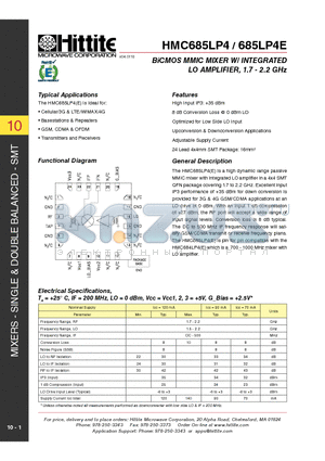 HMC685LP4 datasheet - BiCMOS MMIC MIXER W/ INTEGRATED LO AMPLIFIER, 1.7 - 2.2 GHz