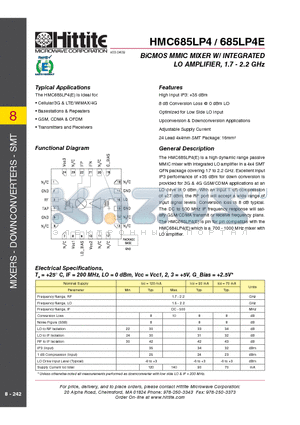 HMC685LP4 datasheet - BiCMOS MMIC MIXER W/ INTEGRATED LO AMPLIFIER, 1.7 - 2.2 GHz