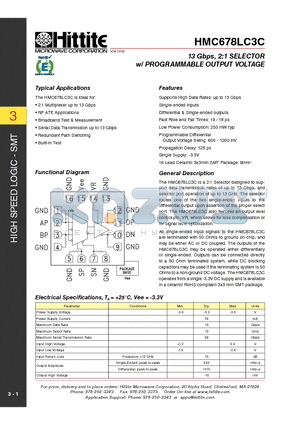 HMC678LC3C datasheet - 13 Gbps, 2:1 SELECTOR w/ PROGRAMMABLE OUTPUT VOLTAGE