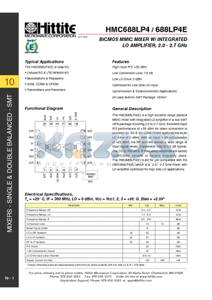 HMC688LP4E datasheet - BiCMOS MMIC MIXER W/ INTEGRATED LO AMPLIFIER, 2.0 - 2.7 GHz