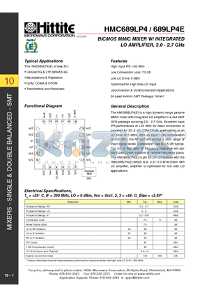 HMC689LP4 datasheet - BiCMOS MMIC MIXER W/ INTEGRATED LO AMPLIFIER, 2.0 - 2.7 GHz