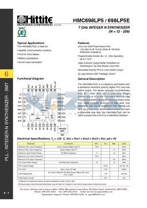 HMC698LP5 datasheet - 7 GHz INTEGER N SYNTHESIZER (N = 12 - 259)