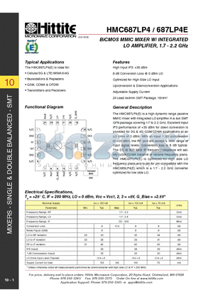 HMC687LP4 datasheet - BiCMOS MMIC MIXER W/ INTEGRATED LO AMPLIFIER, 1.7 - 2.2 GHz