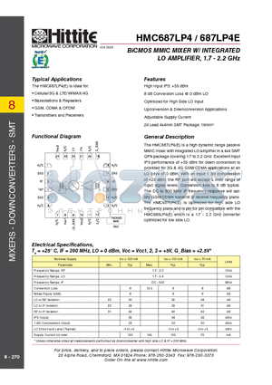 HMC687LP4 datasheet - BiCMOS MMIC MIXER W/ INTEGRATED LO AMPLIFIER, 1.7 - 2.2 GHz