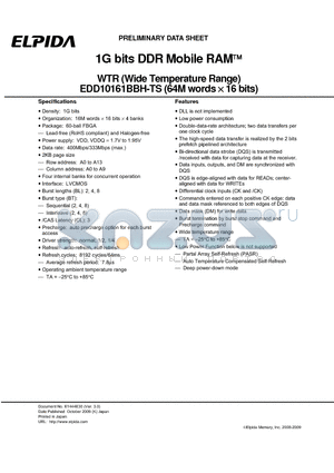 EDD10161BBH-5BTS-F datasheet - 1G bits DDR Mobile RAM WTR (Wide Temperature Range)