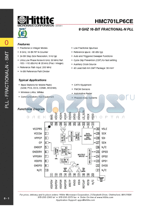 HMC700LP4 datasheet - 8 GHz 16-Bit Fractional-N PLL