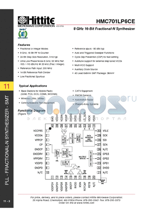 HMC701LP6CE datasheet - 8 GHz 16-Bit Fractional-N Synthesizer