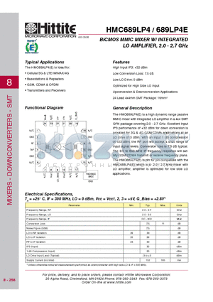 HMC689LP4E datasheet - BiCMOS MMIC MIXER W/ INTEGRATED LO AMPLIFIER, 2.0 - 2.7 GHz