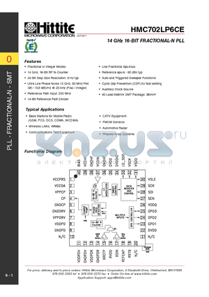 HMC702LP6CE datasheet - 14 GHz 16-BIT FRACTIONAL-N PLL