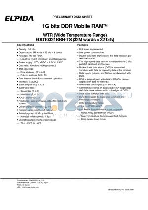 EDD10321BBH-5BTS-F datasheet - 1G bits DDR Mobile RAM WTR (Wide Temperature Range)