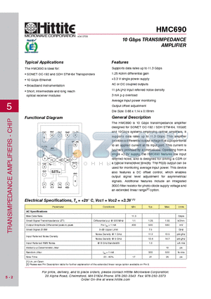 HMC690 datasheet - 10 Gbps TRANSIMPEDANCE AMPLIFIER