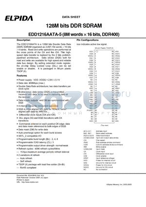 EDD1216AATA-5B-E datasheet - 128M bits DDR SDRAM (8M words x 16 bits, DDR400)