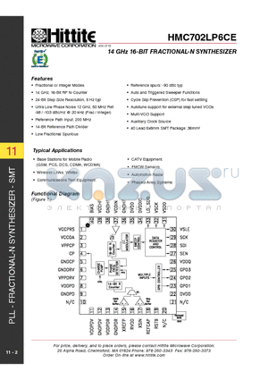 HMC702LP6CE datasheet - 14 GHz 16-BIT FRACTIONAL-N SYNTHESIZER