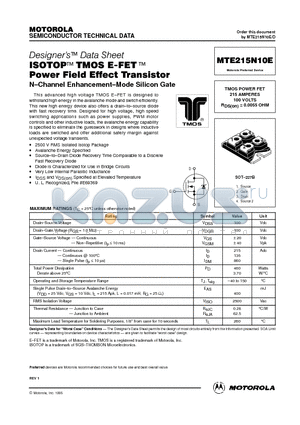 MTE215N10E datasheet - TMOS POWER FET 215 AMPERES 100 VOLTS RDS(on) = 0.0055 OHM