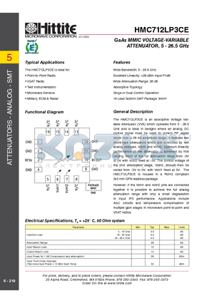 HMC712LP3CE datasheet - GaAs MMIC VOLTAGE-VARIABLE ATTENUATOR, 5 - 26.5 GHz