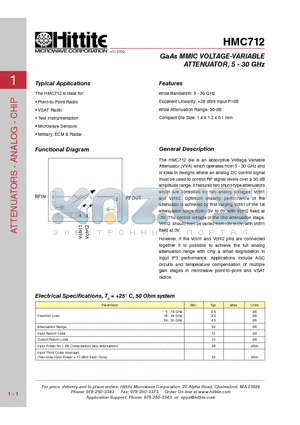 HMC712_10 datasheet - GaAs MMIC VOLTAGE-VARIABLE ATTENUATOR, 5 - 30 GHz