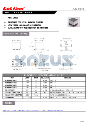 LAL0011 datasheet - ADSL TRANSFORMER