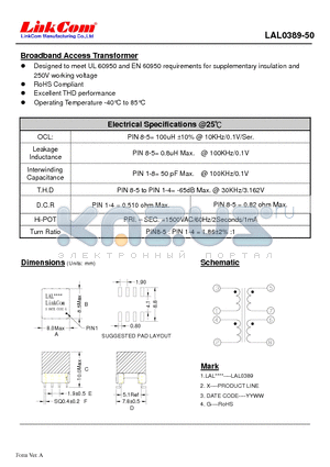 LAL0389-50 datasheet - Broadband Access Transformer