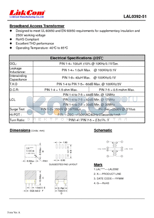 LAL0392-51 datasheet - Broadband Access Transformer