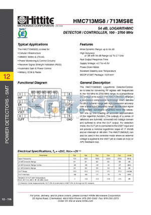 HMC713MS8E datasheet - 54 dB, LOGARITHMIC DETECTOR / CONTROLLER, 100 - 2700 MHz