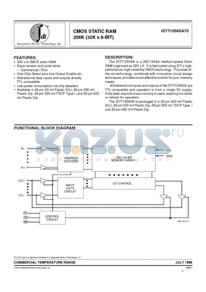 IDT71256SA70T datasheet - CMOS STATIC RAM 256K (32K x 8-BIT)