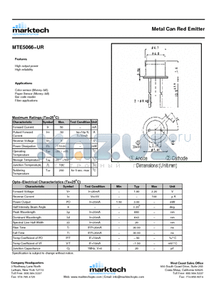 MTE5066UR datasheet - Metal Can Red Emitter