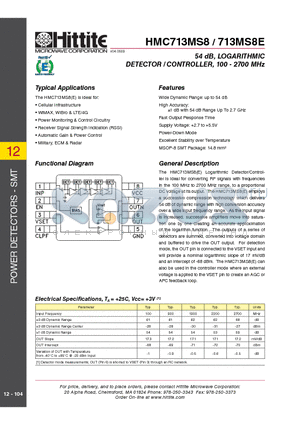 HMC713MS8 datasheet - 54 dB, LOGARITHMIC DETECTOR / CONTROLLER, 100 - 2700 MHz