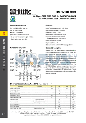 HMC720LC3C datasheet - 14 Gbps, FAST RISE TIME 1:2 FANOUT BUFFER w/ PROGRAMMABLE OUTPUT VOLTAGE