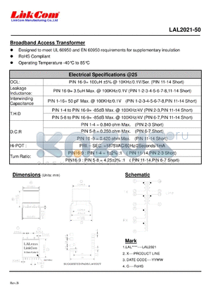 LAL2021-50 datasheet - Broadband Access Transformer