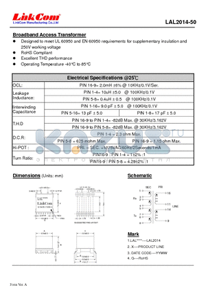 LAL2014-50 datasheet - Broadband Access Transformer