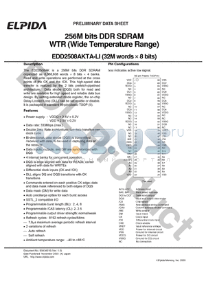 EDD2508AKTA-6BLI datasheet - 256M bits DDR SDRAM WTR (Wide Temperature Range)