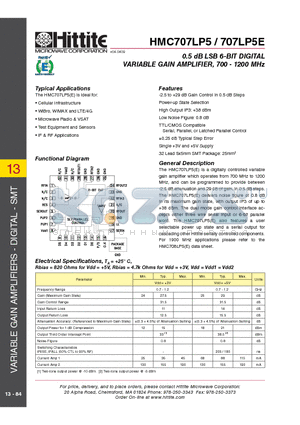 HMC707LP5 datasheet - 0.5 dB LSB 6-BIT DIGITAL VARIABLE GAIN AMPLIFIER, 700 - 1200 MHz